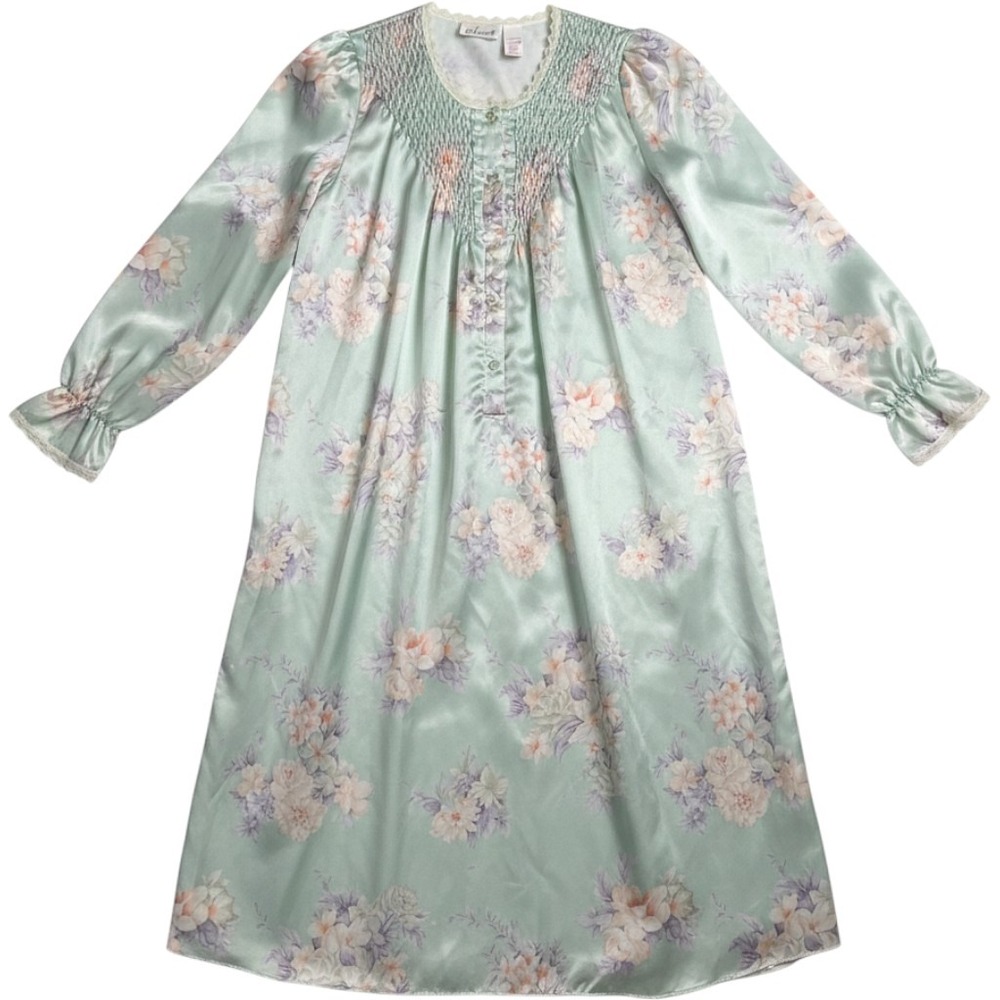 Nicole Floral Satin Nightgown M Mint Green Lace Trim Smocked Cottagecore Sleep
